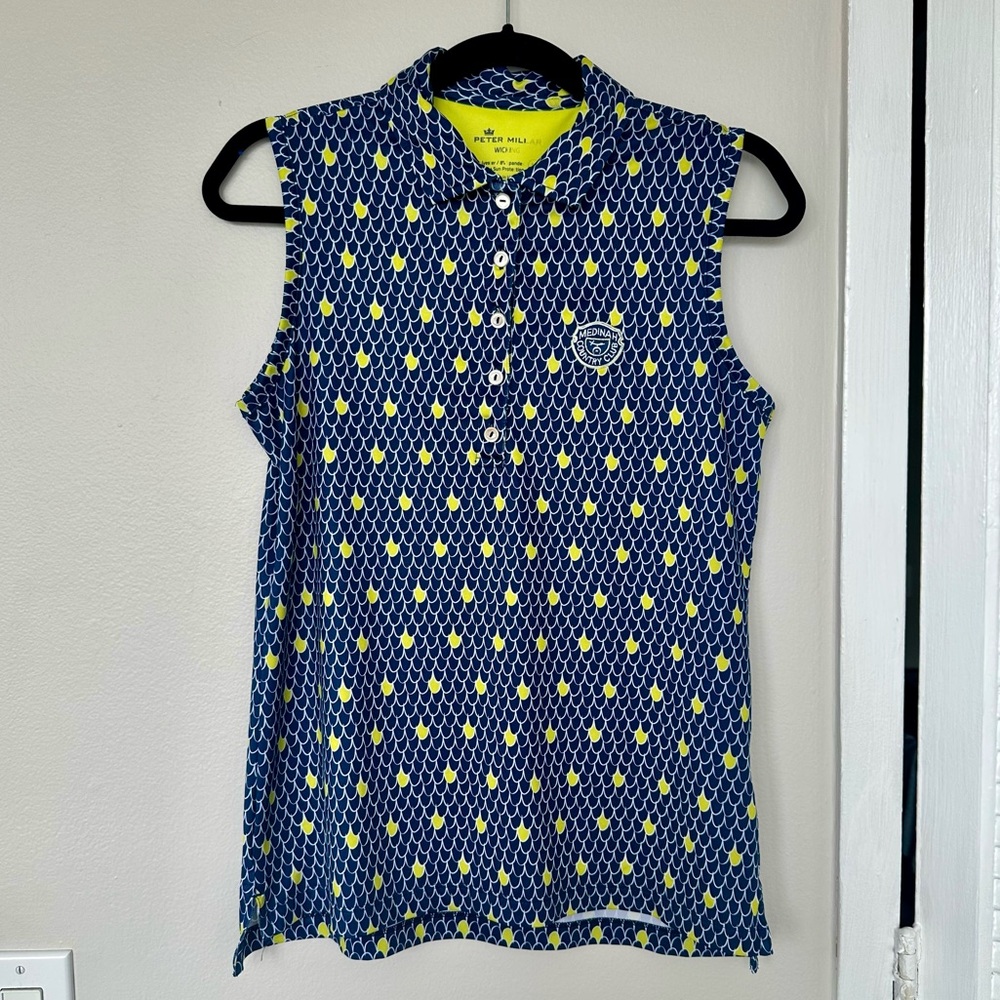 Peter Millar Women’s Sleeveless Golf Polo Shirt Blue Yellow Scale Pattern Size M